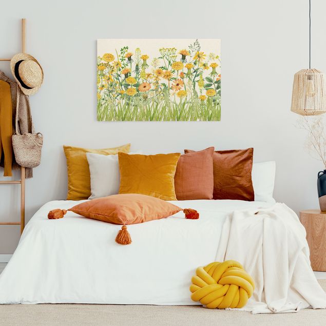 Wandbilder Wohnzimmer modern Aquarellierte Blumenwiese in Gelb