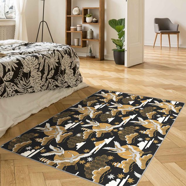 Teppich braun Asiatisches Muster mit Kranichen im Herbst