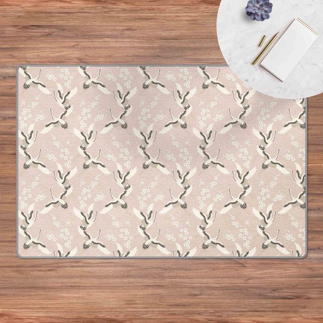 Beiger Teppich Asiatisches Muster mit Kranichen und Blüten