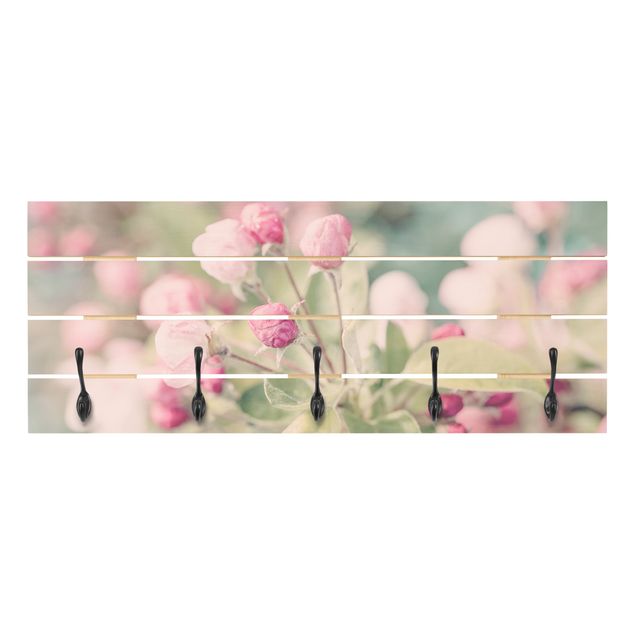 Wandgarderobe Holz - Apfelblüte Bokeh rosa - Haken chrom Querformat