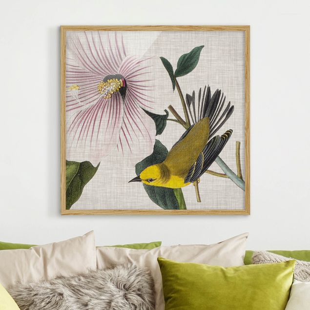 Blumen Bilder mit Rahmen Vogel auf Leinen Gelb I