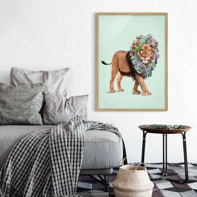 Kunstdrucke mit Rahmen Löwe mit Sukkulenten