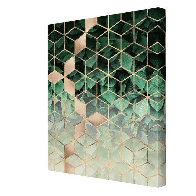 Kunstdrucke auf Leinwand Grüne Blätter goldene Geometrie