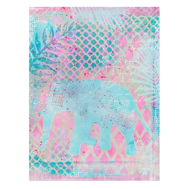 Wandbilder Natur Bunte Collage - Elefant in Blau und Rosa
