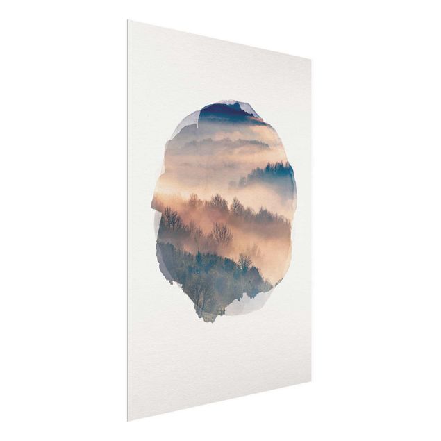Glasbild Landschaften Wasserfarben - Nebel bei Sonnenuntergang