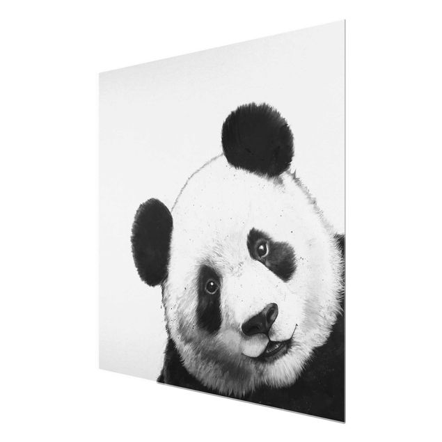 Glasbild - Illustration Panda Schwarz Weiß Malerei - Quadrat 1:1
