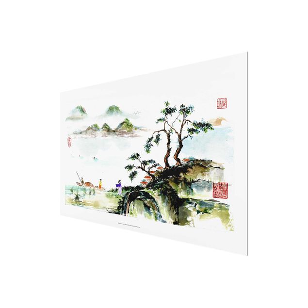 Bilder auf Glas Japanische Aquarell Zeichnung See und Berge