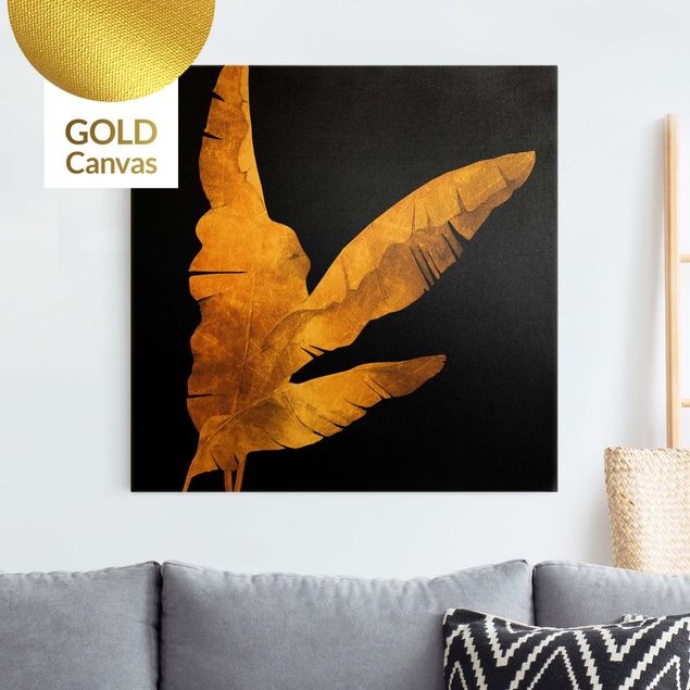 Leinwandbild Gold - Gold - Bananenpalme auf Schwarz - Quadrat 1:1
