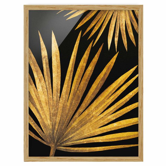Bild mit Rahmen - Gold - Palmenblatt auf Schwarz - Hochformat 4:3