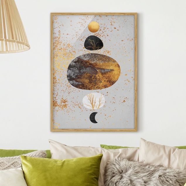 Abstrakte Bilder Sonne und Mond in Goldglanz