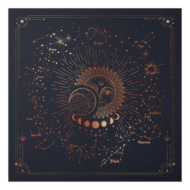 Glasbild - Astrologie Sonne Mond und Sterne Blau Gold - Quadrat 1:1
