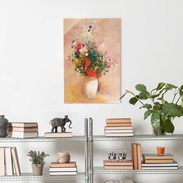 Wandbilder Glas XXL Odilon Redon - Vase mit Blumen (rosenfarbener Hintergrund)
