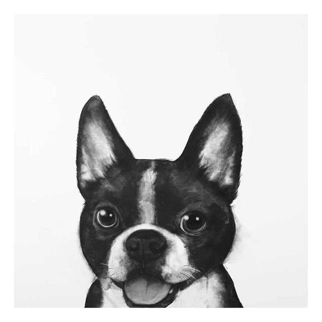 Glasbilder Tiere Illustration Hund Boston Schwarz Weiß Malerei