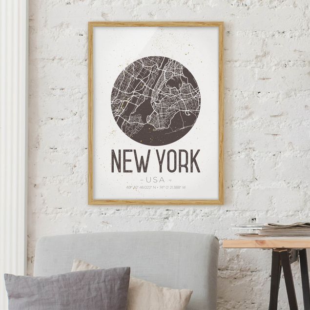 Schwarz-Weiß Bilder mit Rahmen Stadtplan New York - Retro