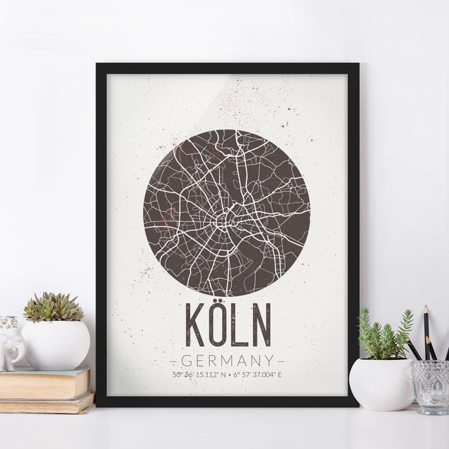 Bilder mit Rahmen Schwarz-Weiß Stadtplan Köln - Retro