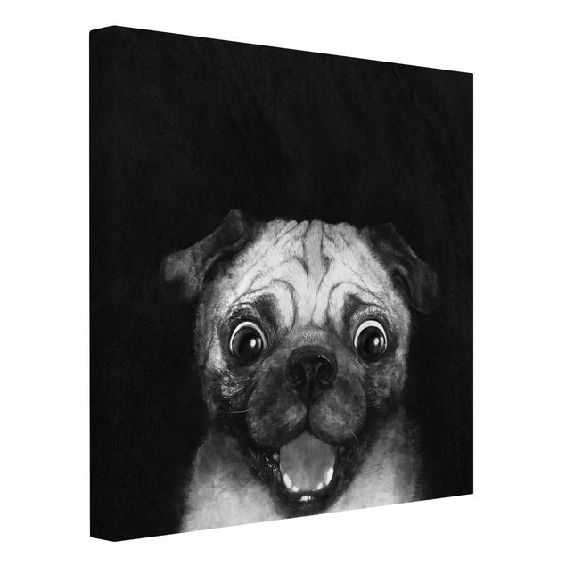 Leinwandbild - Illustration Hund Mops Malerei auf Schwarz Weiß - Quadrat 1:1