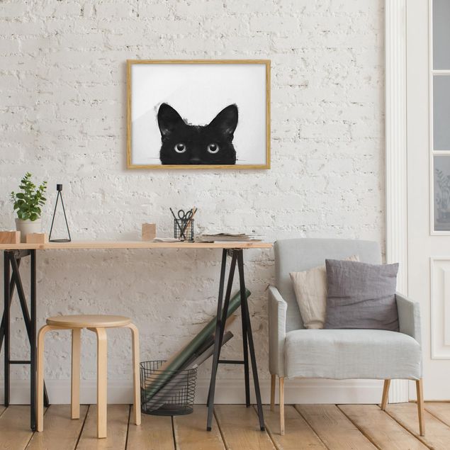 Kunstdrucke mit Rahmen Illustration Schwarze Katze auf Weiß Malerei