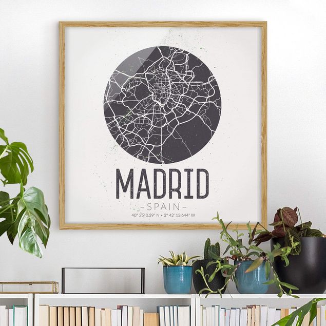 Gerahmte Bilder Schwarz-Weiß Stadtplan Madrid - Retro