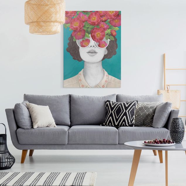 Leinwandbild Kunstdruck Illustration Portrait Frau Collage mit Blumen Brille