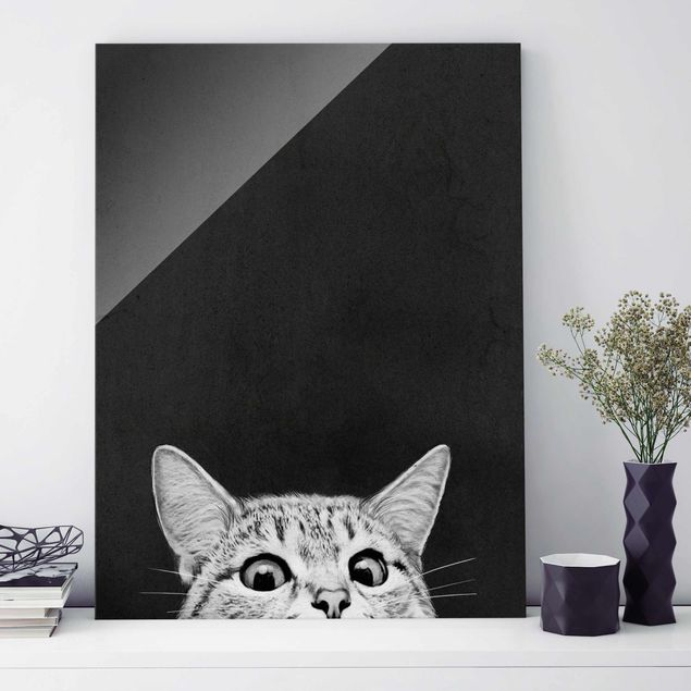 Glasbild - Illustration Katze Schwarz Weiß Zeichnung - Hochformat 4:3