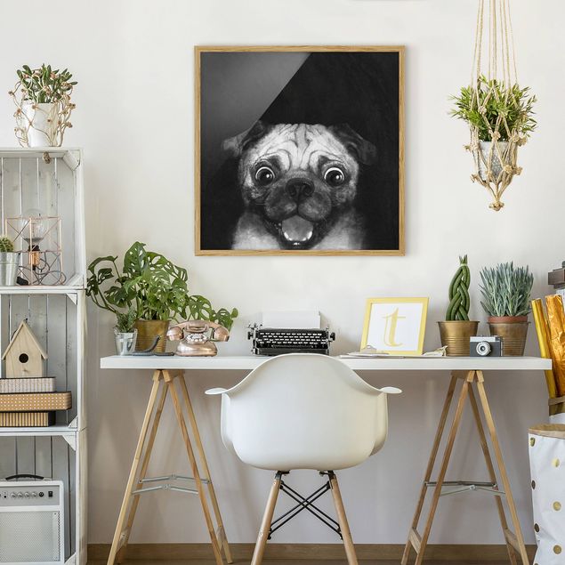 Schwarz-Weiß Bilder mit Rahmen Illustration Hund Mops Malerei auf Schwarz Weiß