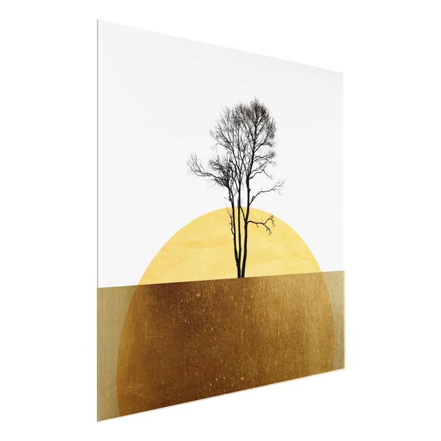 Glasbild Landschaften Goldene Sonne mit Baum