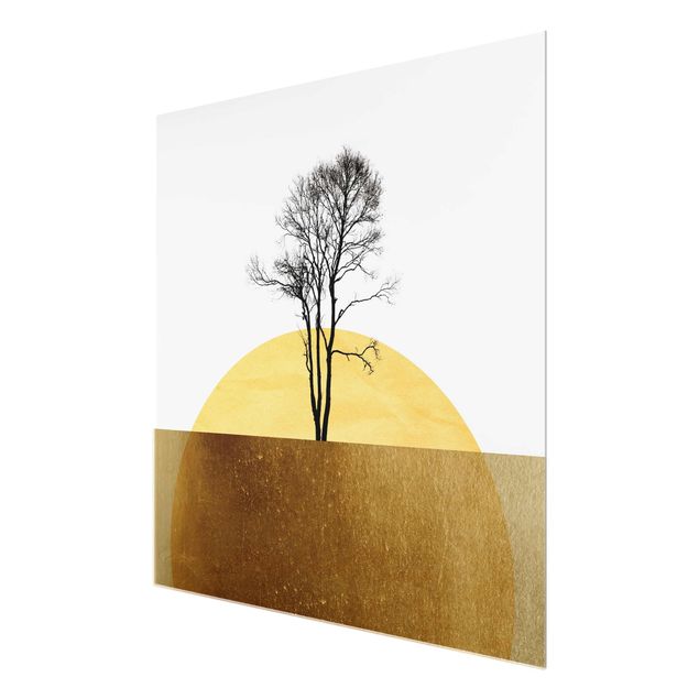 Glas Wandbilder Goldene Sonne mit Baum