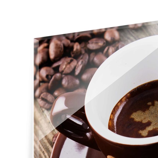 Glasbild - Kaffeetasse mit Kaffeebohnen - Quadrat 1:1