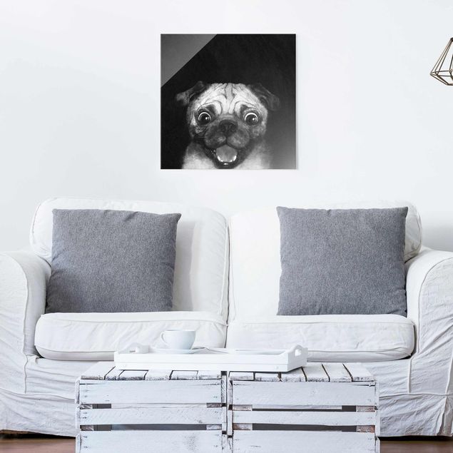 Glasbild - Illustration Hund Mops Malerei auf Schwarz Weiß - Quadrat 1:1