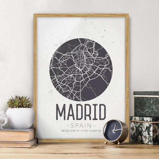 Schwarz-Weiß Bilder mit Rahmen Stadtplan Madrid - Retro
