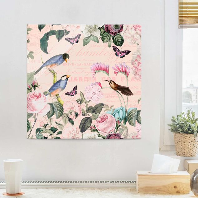 Wandbilder Tiere Vintage Collage - Rosen und Vögel