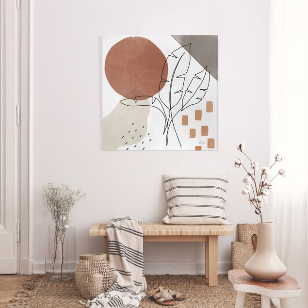 Leinwandbilder Wohnzimmer modern Bananenpalme Lineart und Terracotta Farben