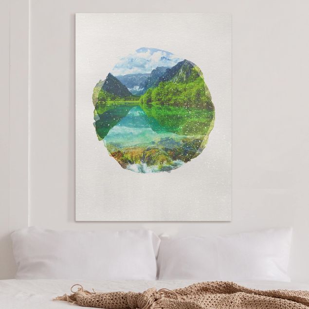 Leinwandbilder XXL Wasserfarben - Bergsee mit Spiegelung