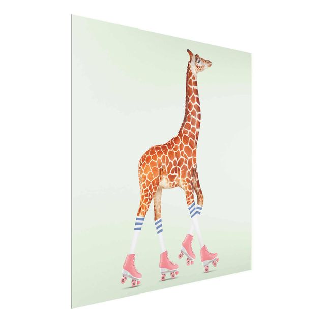 Glasbilder Tiere Giraffe mit Rollschuhen