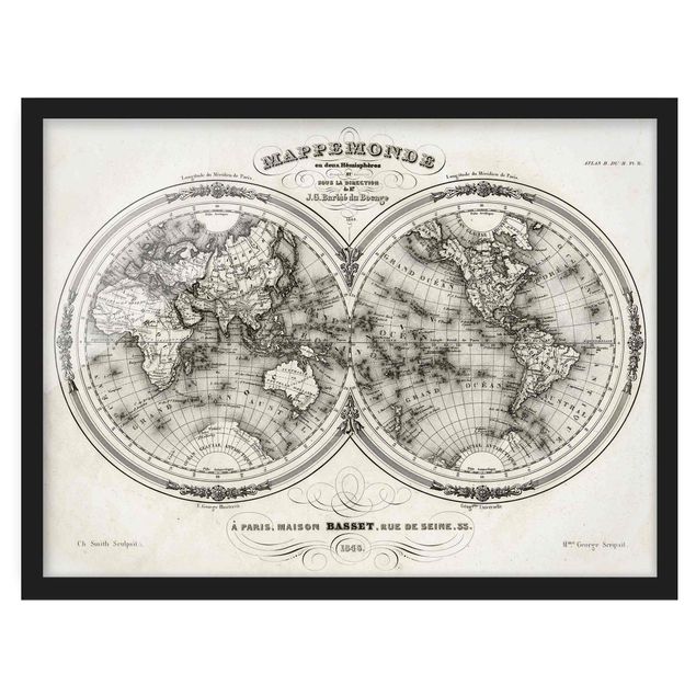 Schöne Wandbilder Weltkarte - Französische Karte der Hemissphären von 1848