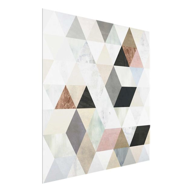 Glasbild - Aquarell-Mosaik mit Dreiecken I - Quadrat 1:1