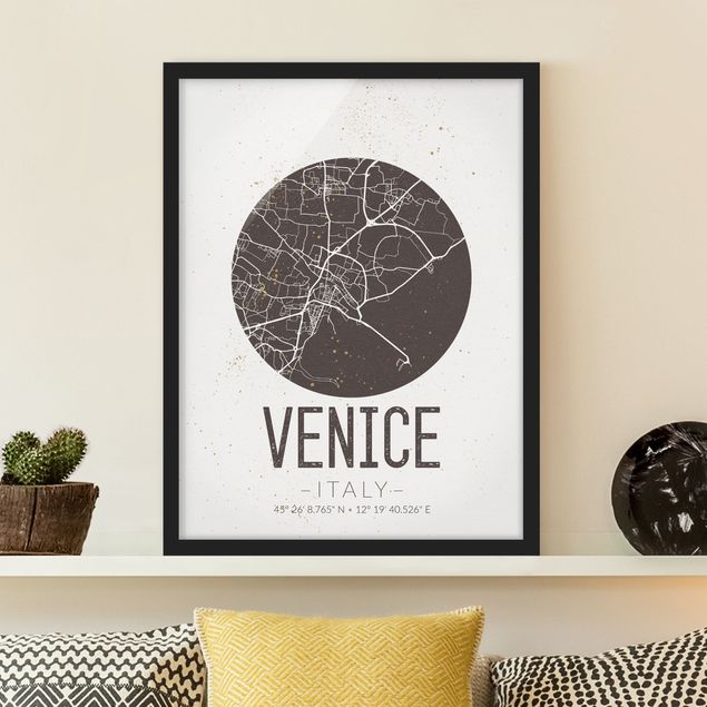 Gerahmte Bilder Schwarz-Weiß Stadtplan Venice - Retro