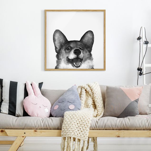Bilder mit Rahmen Schwarz-Weiß Illustration Hund Corgi Weiß Schwarz Malerei