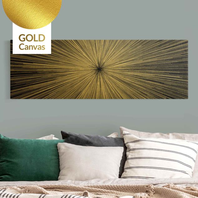 Leinwandbild Gold - Abstrakte Strahlen Schwarz Weiß - Panorama 3:1