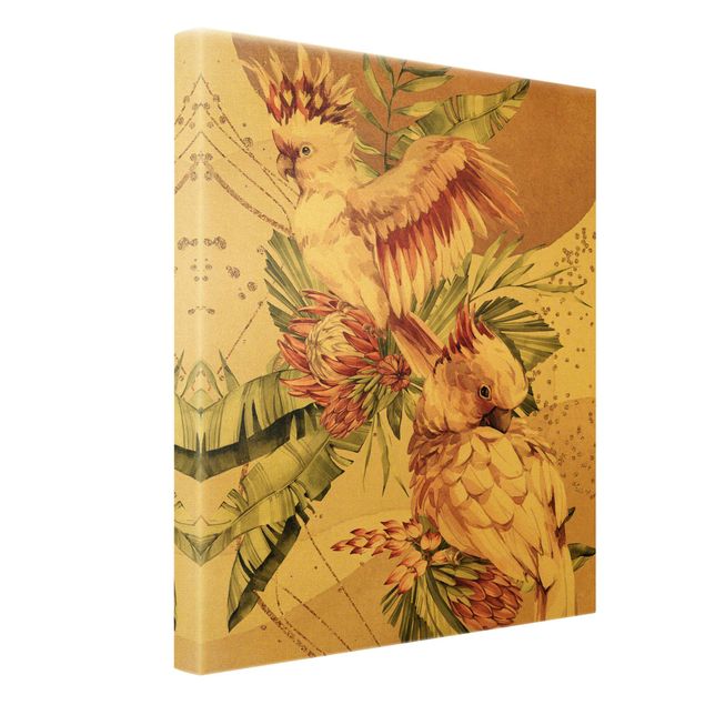 Leinwandbild Gold - Tropische Vögel - Pinke Kakadus - Hochformat 3:4