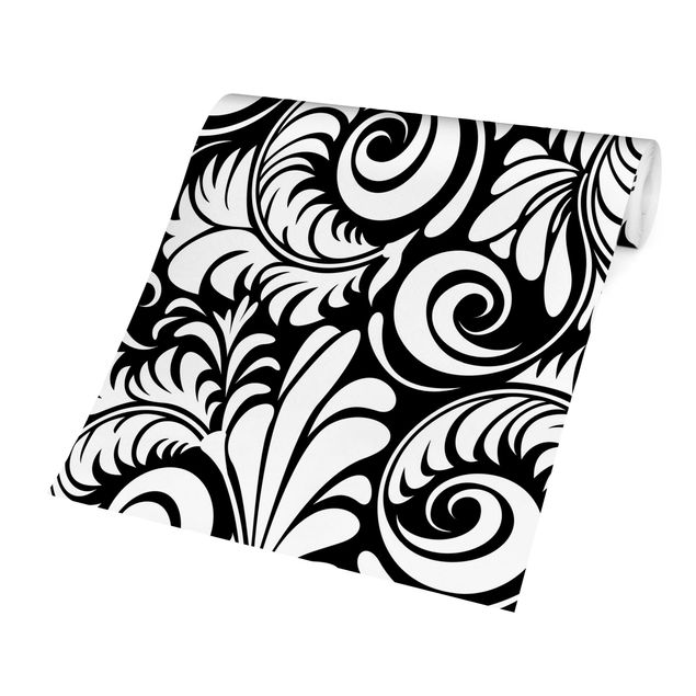 Wandtapete Design Black and White Leaves Pattern