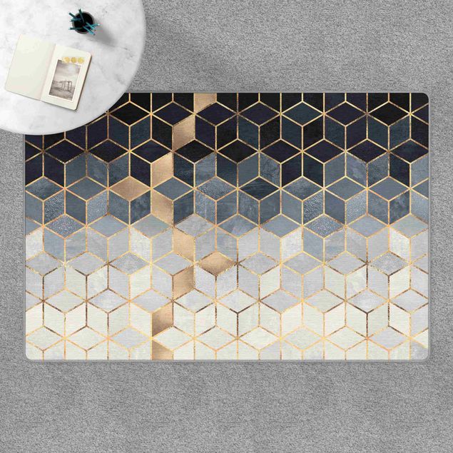 Teppich modern Blau Weiß goldene Geometrie