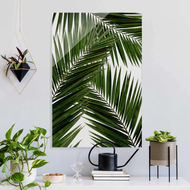 Wandbilder Glas XXL Blick durch grüne Palmenblätter