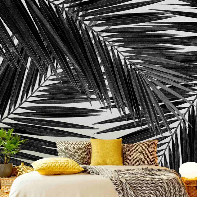 Fototapete Landschaft Blick durch Palmenblätter schwarz weiß