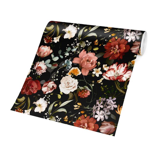 Moderne Tapeten Blumen Aquarell Vintage Muster auf Schwarz