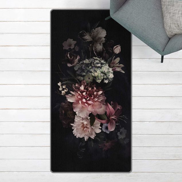 Moderner Teppich Blumen mit Nebel auf Schwarz