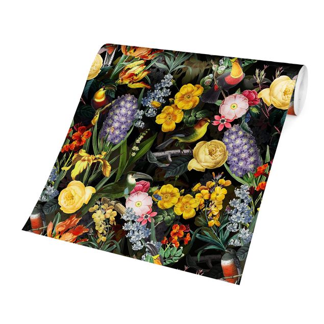 Moderne Tapeten Blumen mit Tropischen Vögeln Bunt