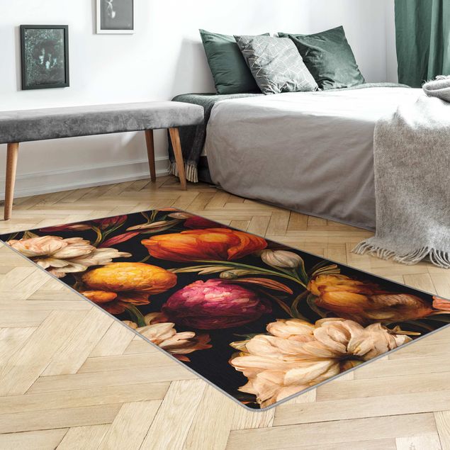 Teppich schwarz Blumenbild in warmen Farben