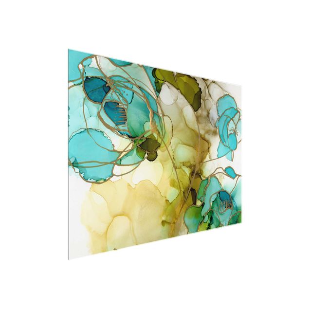 Glasbilder Grün Blumenfacetten in Aquarell