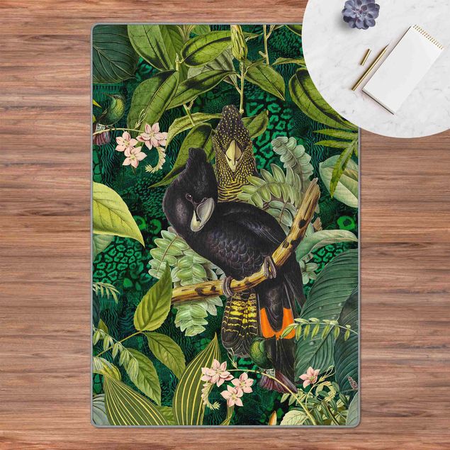 Teppich Blumen Bunte Collage - Kakadus im Dschungel